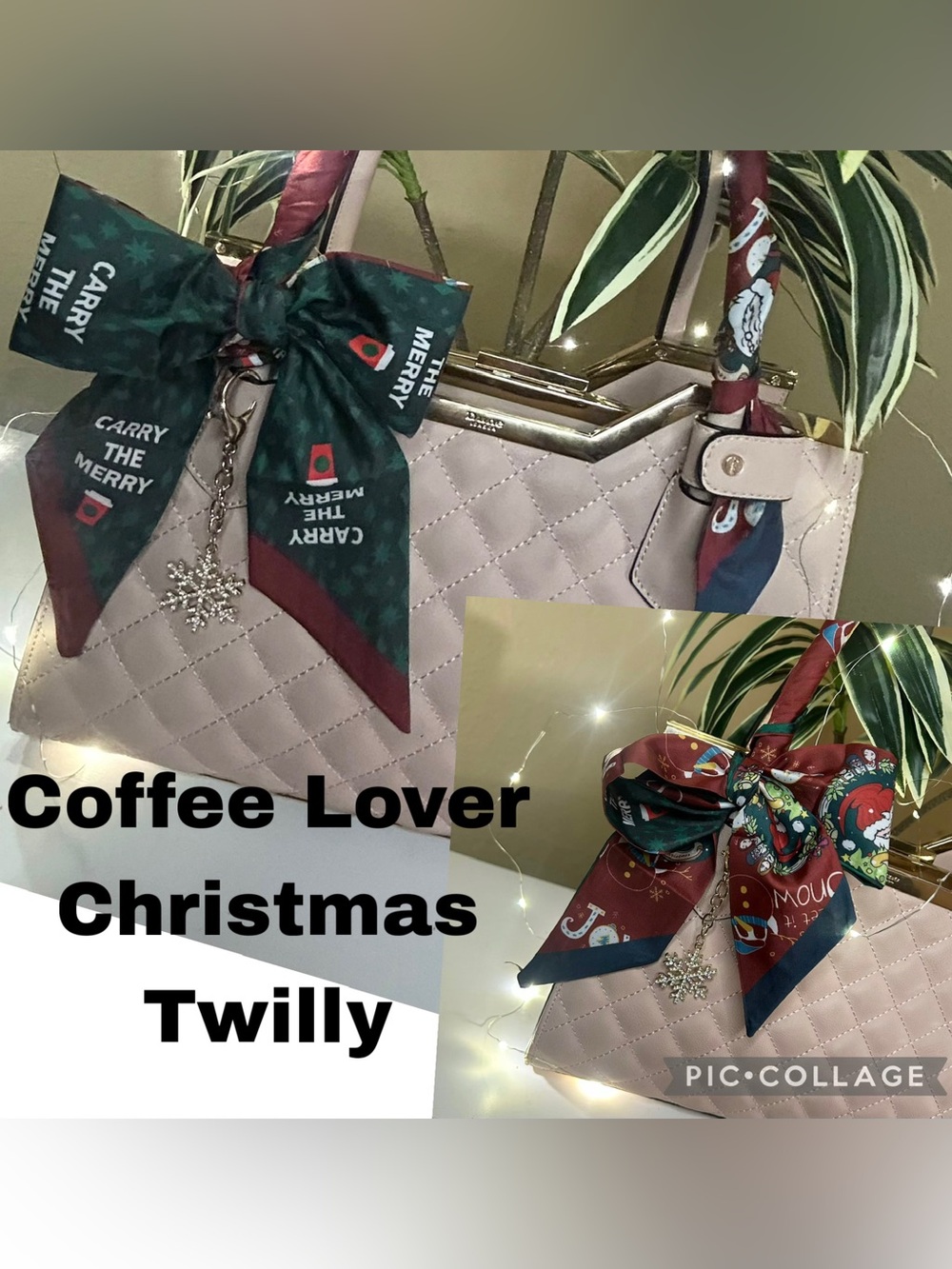 Coffee Lover Christmas Twilly Women Purse Scarf Joy Santa Green Red White